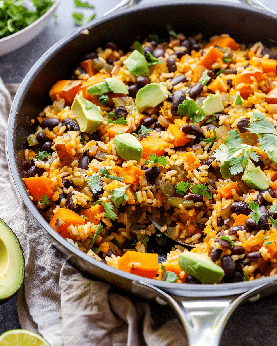 Southwest Sweet Potato, Black Bean and Rice Skillet