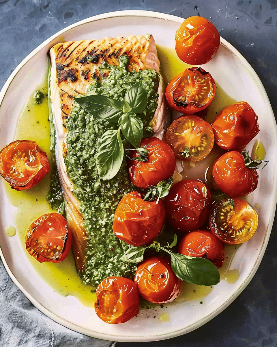 Salmon With Pesto And Blistered Tomatoes