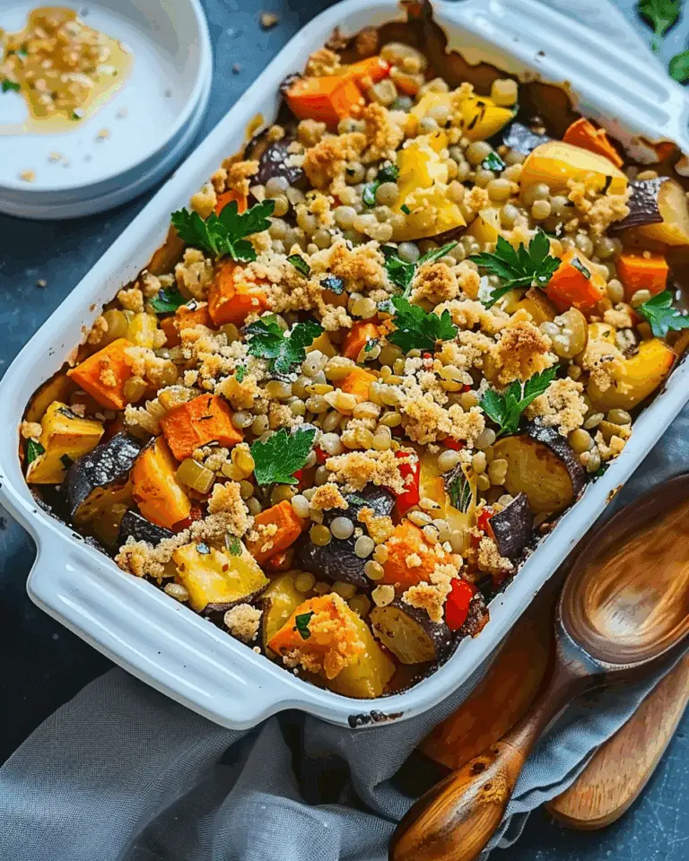 Creamy Vegan Lentil And Roasted Vegetable Bake