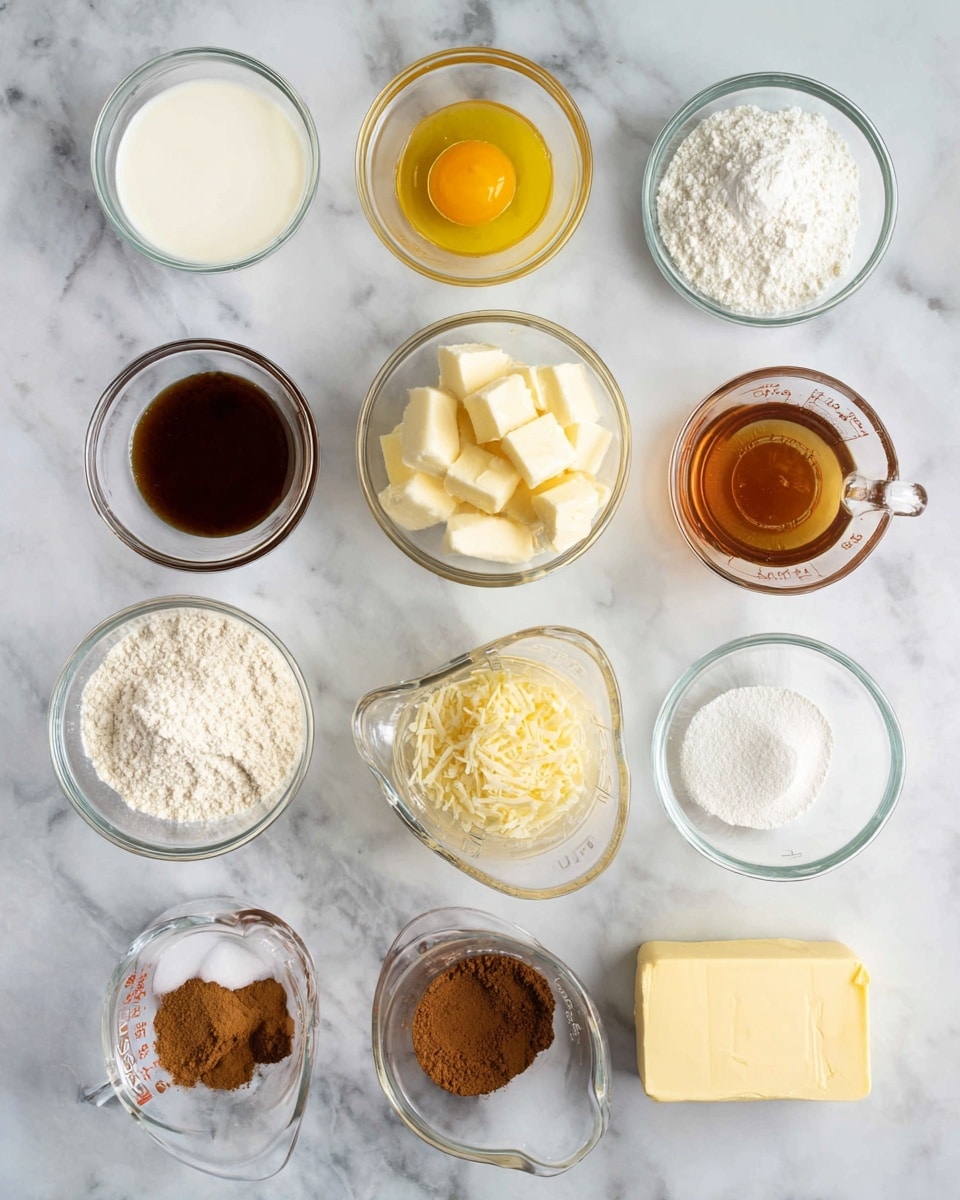 The image shows eleven small clear glass bowls placed on a white marbled surface, each bowl containing different ingredients. From top left moving clockwise: one bowl with white milk, next bowl with yellow egg yolks and clear egg whites, a bowl with dark brown liquid, a bowl with dark brown sugar, a bowl with several pale yellow butter cubes, a clear glass measuring cup filled with amber liquid, a bowl with shredded pale yellow cheese, a bowl with light brown sugar, a bowl with white powder, a bowl with mixed spices including cinnamon and brown powder, a bowl with white flour, a bowl with white sugar mixed with brown cinnamon powder, and a bowl with a block of pale yellow butter. Photo taken with an iphone --ar 4:5 --v 7