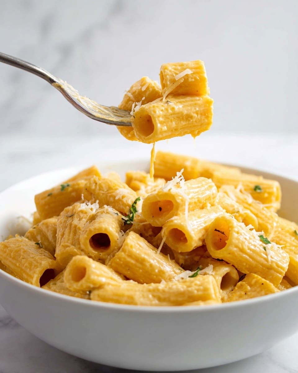 This image shows a white bowl filled with creamy yellow pasta rigatoni. The pasta is coated with a smooth, thick sauce and sprinkled with grated cheese and small green herb pieces on top. A fork lifts a small pile of pasta from the bowl, showing the tubular shape and texture of the rigatoni with sauce clinging to each piece. The background and surface have a white marbled texture, giving a clean and simple look. photo taken with an iphone --ar 4:5 --v 7