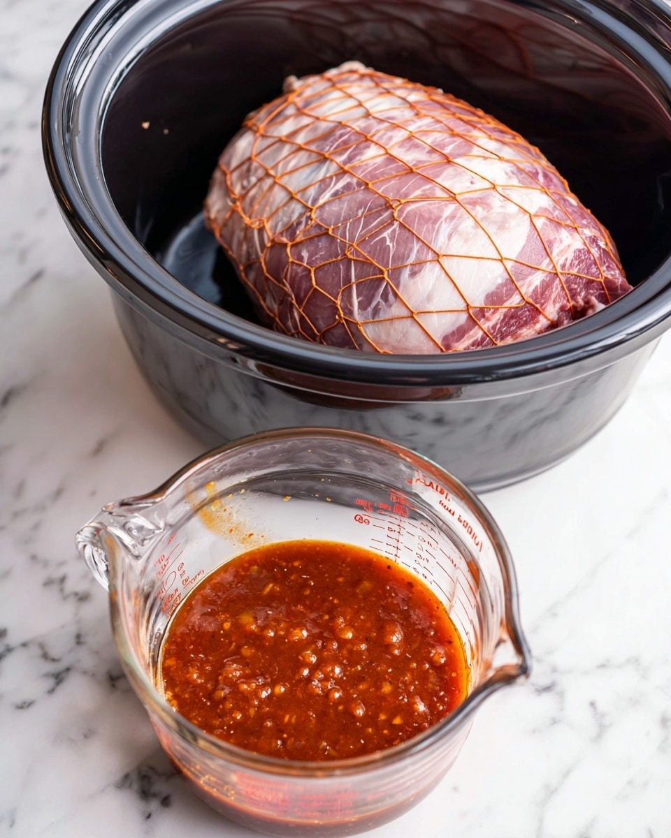 The image shows two main parts on a white marbled surface: a large piece of raw meat wrapped in netting, placed inside a black slow cooker pot, and a clear glass measuring cup in front filled with a thick, reddish-brown sauce with a shiny texture. The meat is light pink with white fat visible underneath the netting, and the sauce has a rich color with small lumps that show its thickness. photo taken with an iphone --ar 4:5 --v 7