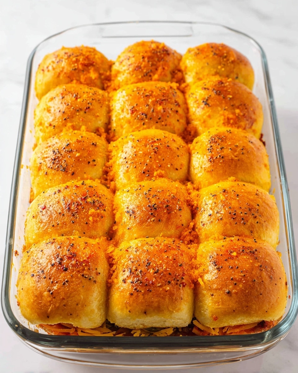 A glass baking dish holds twelve soft dinner rolls arranged in a 4 by 3 grid, each roll topped with a bright orange layer of seasoning and melted butter, giving them a shiny and slightly textured surface. The rolls are tightly packed, showing faint grill marks and sprinkled with small black and red spices. Below the rolls, there is a visible layer of shredded cheese and a reddish sauce, giving a glimpse of a layered savory filling beneath them. The dish sits on a white marbled texture surface. Photo taken with an iphone --ar 4:5 --v 7