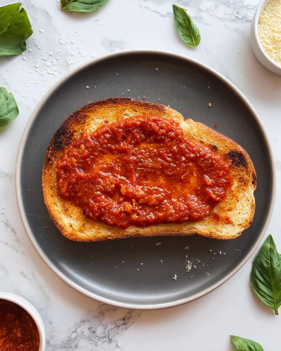 A single slice of toasted bread lies on a white plate with a dark surface, topped with a thick layer of bright red tomato sauce spread evenly across the bread. The toast has a lightly browned texture around the edges, showing slight charring. Around the plate, the background is a white marbled texture with scattered leaves of fresh green basil and a small bowl of grated cheese visible near the corners. The overall look is simple and clean with focus on the single piece of bread and sauce photo taken with an iphone --ar 4:5 --v 7