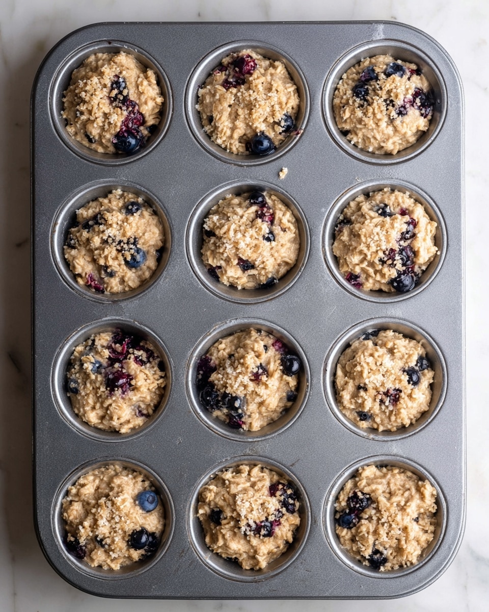 A grey metal muffin tray holds twelve portions of a blueberry oat mixture, each portion filling the circular compartments almost to the top. Each scoop has a rough, uneven surface with creamy oat texture mixed with scattered dark blue blueberries throughout. Light brown sugar crystals are sprinkled on top of each portion, adding a grainy texture that contrasts with the soft oats. The tray sits on a white marbled surface. photo taken with an iphone --ar 4:5 --v 7