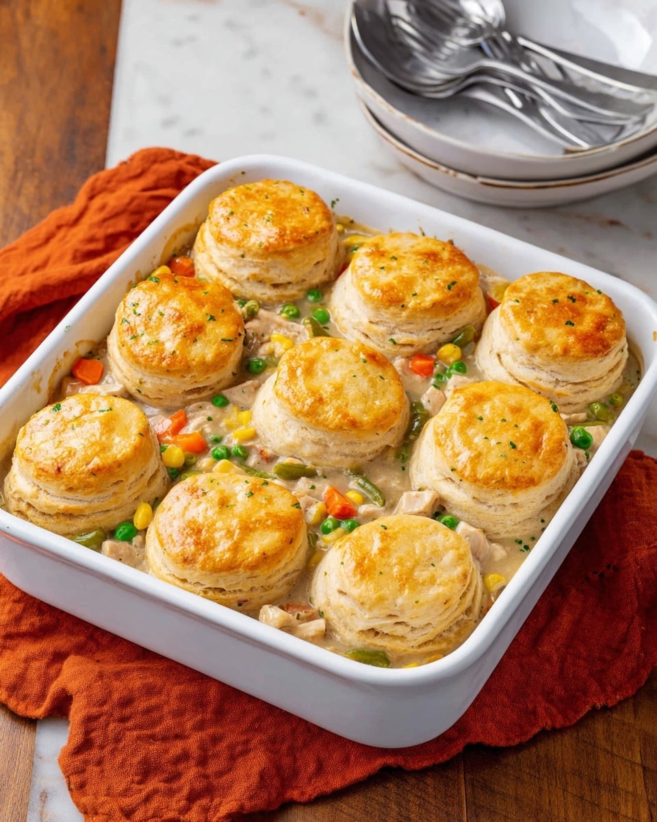 A white rectangular dish holds a casserole with eight round, golden-brown biscuit tops arranged in two rows. Underneath the biscuits is a creamy mixture of diced chicken and mixed vegetables including green peas, orange carrots, yellow corn, and green beans, all in a light sauce. The biscuit tops have a smooth, layered texture showing flaky edges, and the casserole is set on a wooden surface with an orange cloth napkin partially seen in the background. Next to the dish, a white bowl with silver forks is visible on a white marbled surface. Photo taken with an iphone --ar 4:5 --v 7