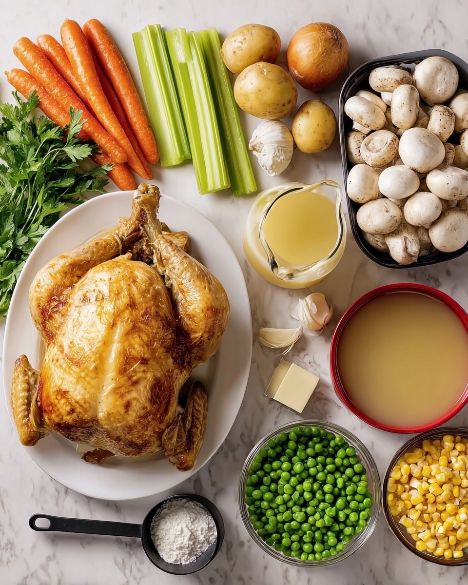 A whole cooked chicken with golden-brown crispy skin sits on a white oval plate on a white marbled surface. Surrounding the plate are various fresh ingredients: three orange carrots and two bright green celery sticks lie on the top left, next to a brown onion and three garlic cloves. Four light brown potatoes and a bunch of green parsley are positioned near the center. To the top right, a black container holds many white mushrooms. Below, a red bowl filled with green peas and a white bowl with yellow corn kernels sit side by side. A glass jug of light yellow broth is on the right, next to a small glass with white cream. A small square of butter and a black scoop of white flour complete the scene on the left. Photo taken with an iphone --ar 4:5 --v 7