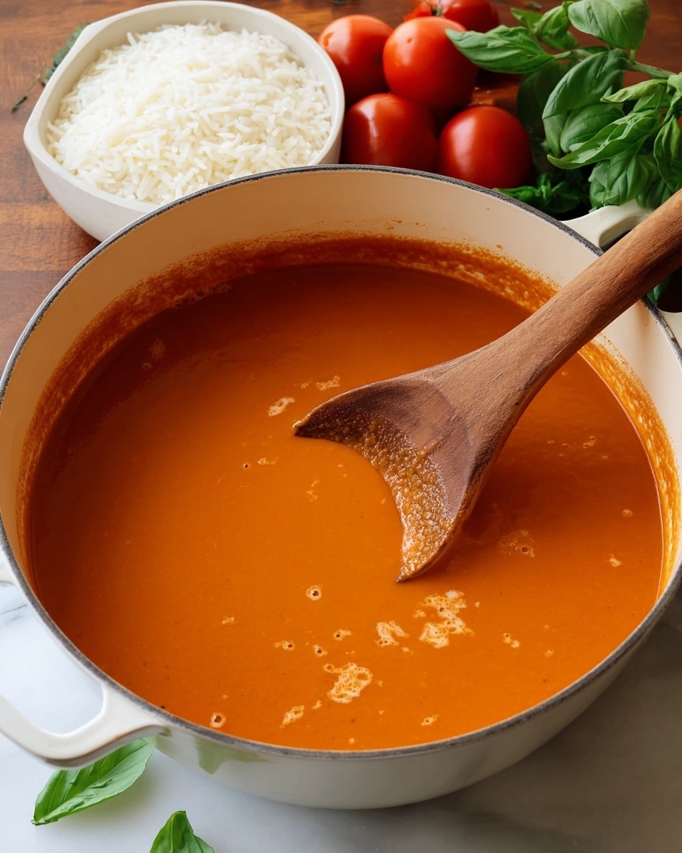 A white pot filled with smooth, bright orange tomato soup that has a thick texture. Inside the pot, a wooden spoon is resting, partially dipped in the soup, showing a shiny, liquid surface. Around the pot, there is a white bowl filled with white rice, bright red tomatoes, and fresh green basil leaves on a white marbled surface. The whole scene is cozy and inviting. photo taken with an iphone --ar 4:5 --v 7