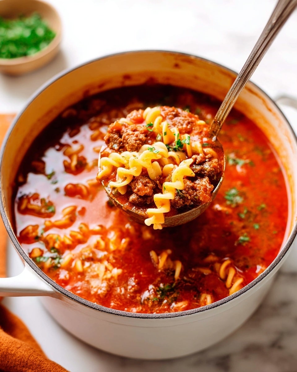 A white pot filled with a rich, red tomato soup showing layers of wavy, yellow pasta noodles floating amid small chunks of browned meat and bits of green herbs scattered on top. A metal ladle lifts a scoop of the soup, showcasing the thick red broth mixed with the curly pasta, browned meat bits, and tiny green herb pieces. The pot rests on a white marbled surface with a blurry green garnish bowl and a folded orange cloth nearby. Photo taken with an iphone --ar 4:5 --v 7