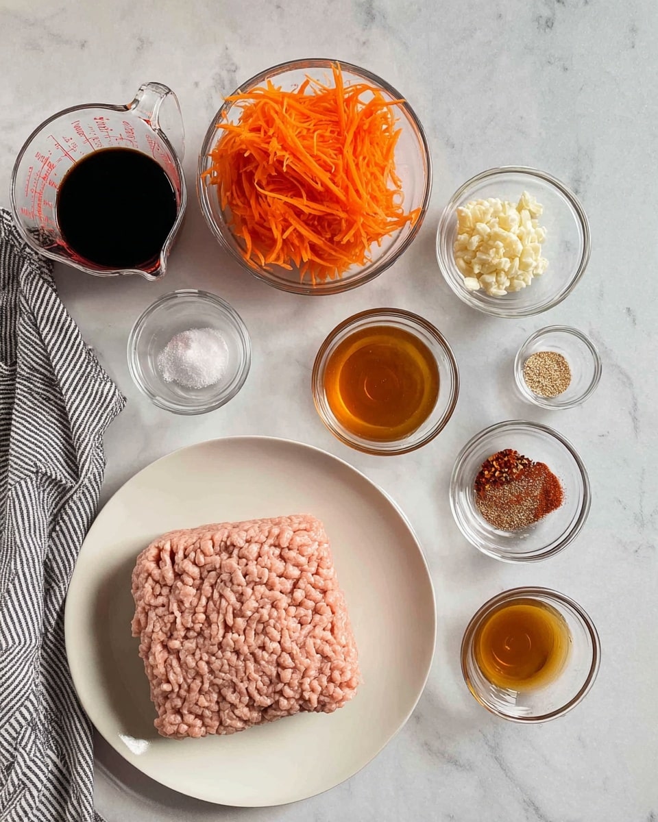 The image shows a clean white plate placed on a white marbled surface with a block of light pink ground meat on it. Next to the plate, there are small clear glass bowls and containers holding different ingredients: a bowl of shredded bright orange carrots, a bowl of minced garlic with a pale yellow color, a small clear bowl with white powder, a bowl with a dark amber liquid (honey), a bowl with a golden-brown liquid, and a small bowl with red pepper flakes and finely ground light brown spice. A clear black plastic measuring cup containing a dark brown liquid sits nearby. A white and black striped cloth is partially visible on the left side. photo taken with an iphone --ar 4:5 --v 7