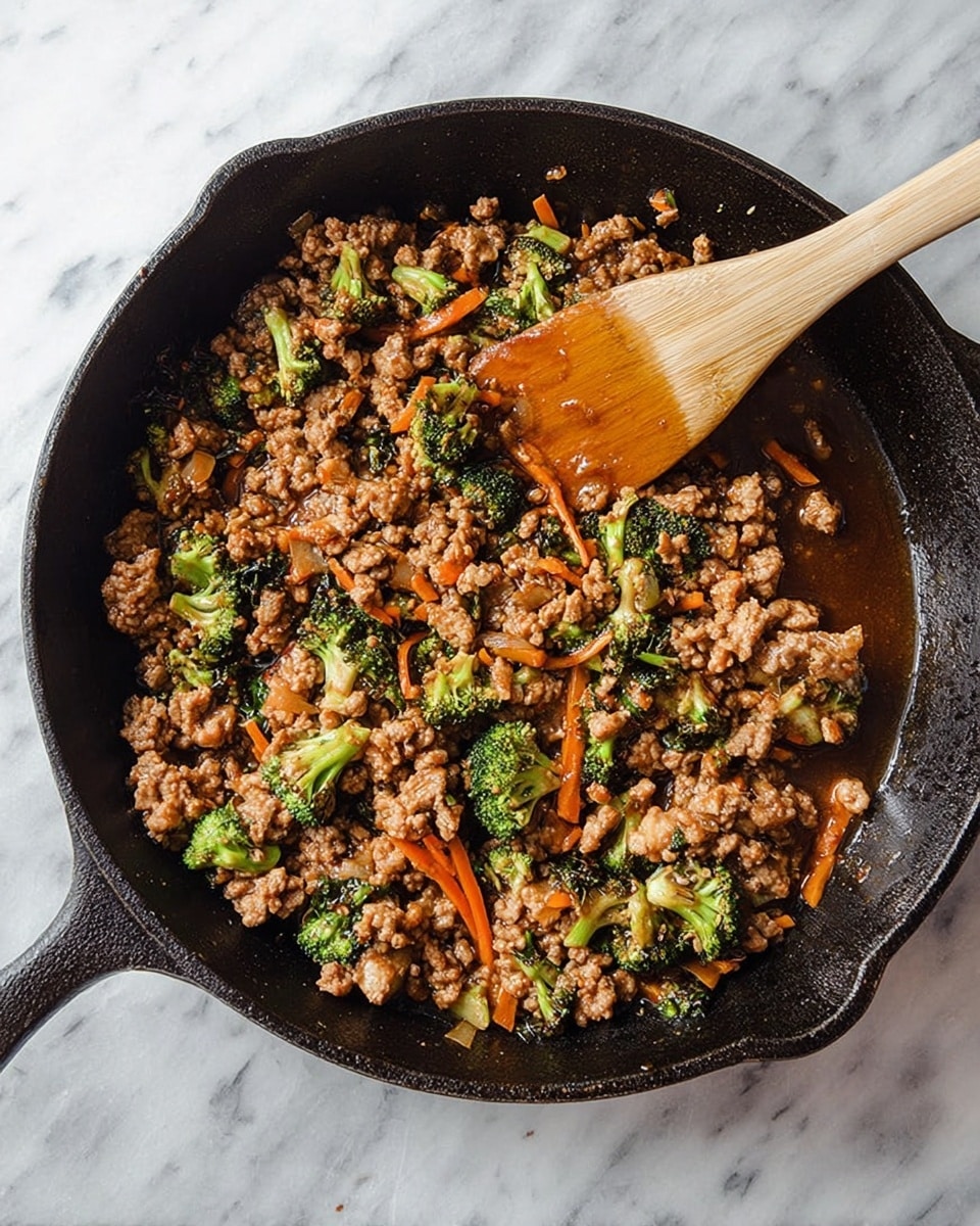 A black cast iron skillet filled with a cooked mixture of ground meat, small broccoli florets, and thin orange carrot strips in a glossy brown sauce, with a light wooden spatula stirring the food from the side. The skillet sits on a white marbled surface. Photo taken with an iphone --ar 4:5 --v 7