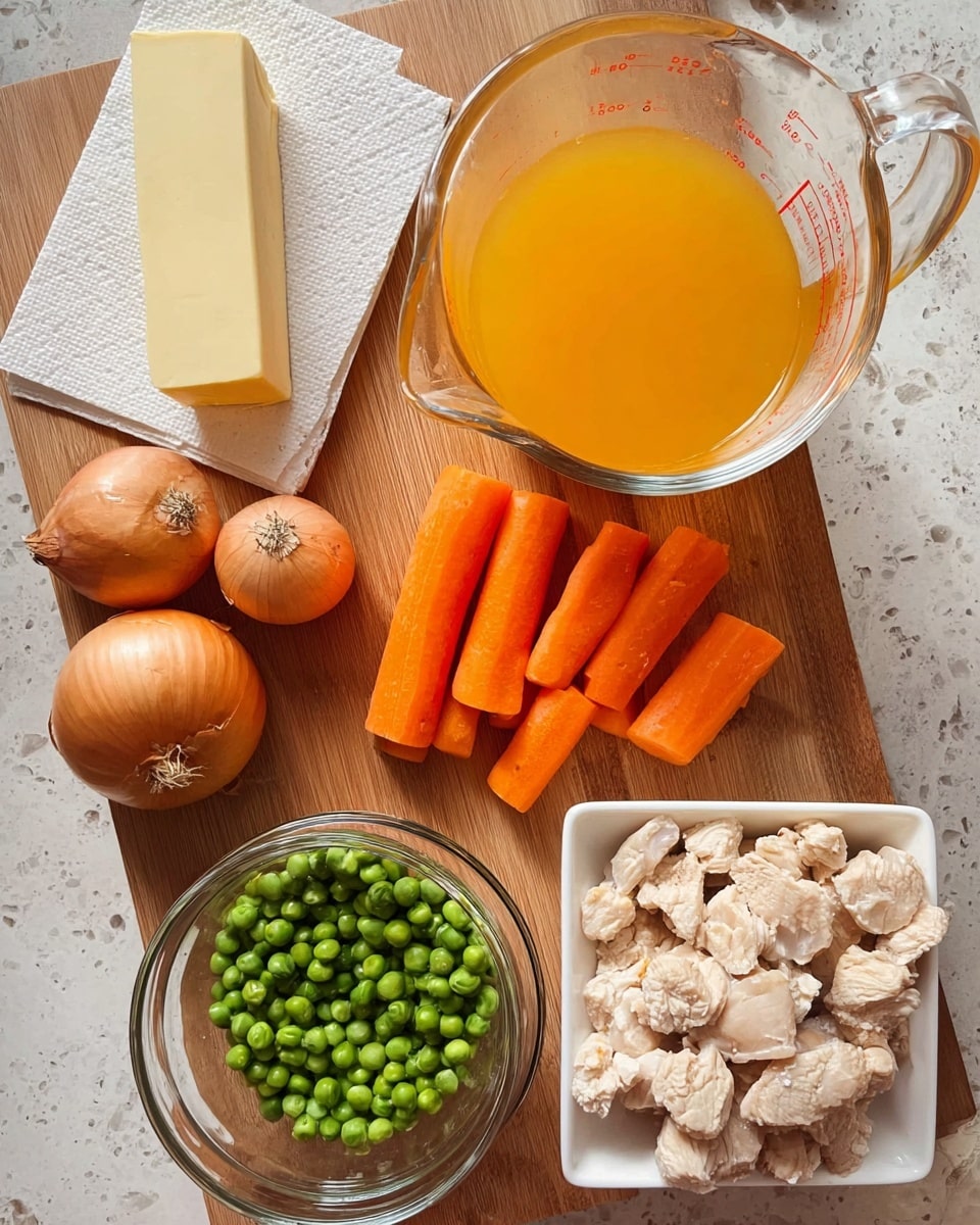 The image shows raw cooking ingredients laid out on a wooden table. There is a white square bowl filled with small pieces of cooked light-brown chicken at the bottom right. Above the bowl are small bright orange baby carrots arranged side by side. To the left of the carrots are two light brown shallots with skins on. Next to them, on the top left, is a stick of yellow butter partially wrapped in white paper. Near the butter is a clear glass measuring cup filled with orange-yellow broth or sauce. On the right side of the broth is another clear glass measuring cup filled with small frozen green peas. Finally, on the far right is an empty clear glass measuring cup. The setting is on a white marbled texture surface photo taken with an iphone --ar 4:5 --v 7