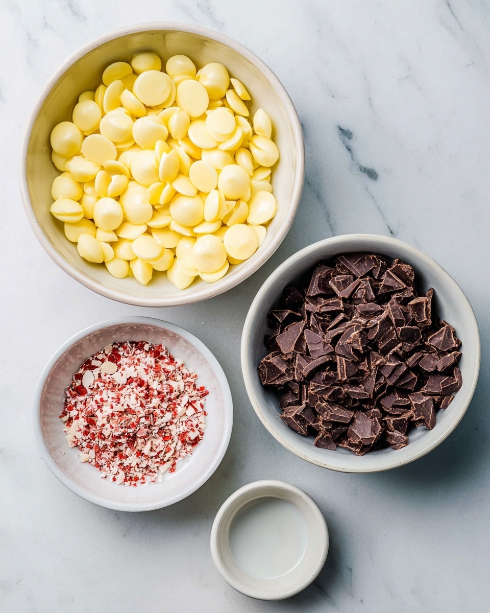 Three white bowls with different ingredients are placed on a white marbled surface. The largest bowl at the top left is filled with smooth, shiny yellow-white drops. To the right, a medium bowl contains dark brown chips with a matte texture. Below, a smaller bowl shows crushed red and white pieces with a rough texture. There is also a tiny empty white bowl near the center left. photo taken with an iphone --ar 4:5 --v 7