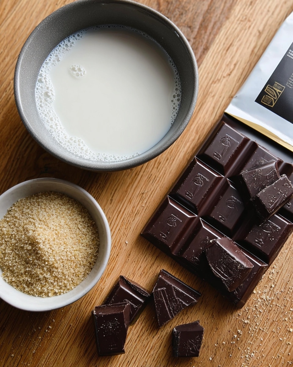 A close-up view showing two bowls and a chocolate bar on a wooden surface. The first bowl, gray on the outside and filled with smooth, white milk with small bubbles on top, is placed near the top left. Below it, a smaller white bowl holds coarse, light brown sugar grains with a crystalline texture. To the right, a dark chocolate bar with a glossy and slightly rough texture is partly resting on its white packaging with black and gold details. Several square chocolate pieces, each with a small raised symbol on top, are broken off and scattered casually on the surface. photo taken with an iphone --ar 4:5 --v 7