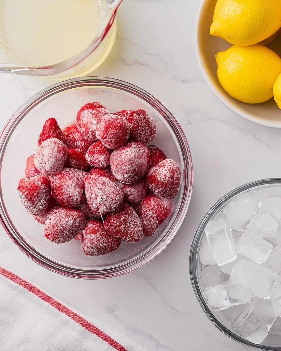 The image shows a clear glass bowl filled with whole frozen strawberries that have a frosty white coating, sitting on a white marbled surface. To the right, there is another clear bowl filled with translucent ice cubes, and above it, a clear glass pitcher with a pale yellow liquid. Part of a white bowl with bright yellow lemons is visible in the top right corner. A white cloth is partially seen at the bottom left corner. photo taken with an iphone --ar 4:5 --v 7