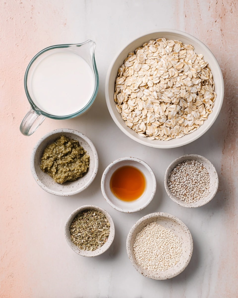 The image shows six small white bowls and a glass pitcher on a white marbled surface. The largest bowl is filled with light beige rolled oats. Next to it, a transparent glass pitcher contains white coconut milk. Among the smaller bowls, one holds a thick greenish paste, another has amber-colored maple syrup, one contains beige hemp seeds, another is filled with pale chia seeds, and the last bowl is empty with a speckled texture. The items are arranged neatly in a loose circle. Photo taken with an iphone --ar 4:5 --v 7