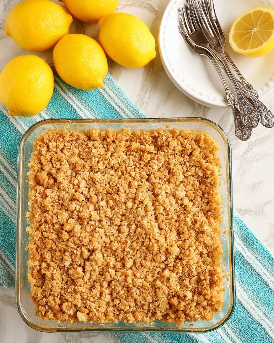 A square glass dish filled with a crumbly, golden brown oat topping that covers the entire surface evenly, showing a rough texture with small and medium clusters. Behind the dish, there are four whole bright yellow lemons and one half lemon with a fresh juicy interior. Nearby, a white plate holds three silver forks with patterned handles, all set on a turquoise and white striped cloth over a white marbled surface. photo taken with an iphone --ar 4:5 --v 7