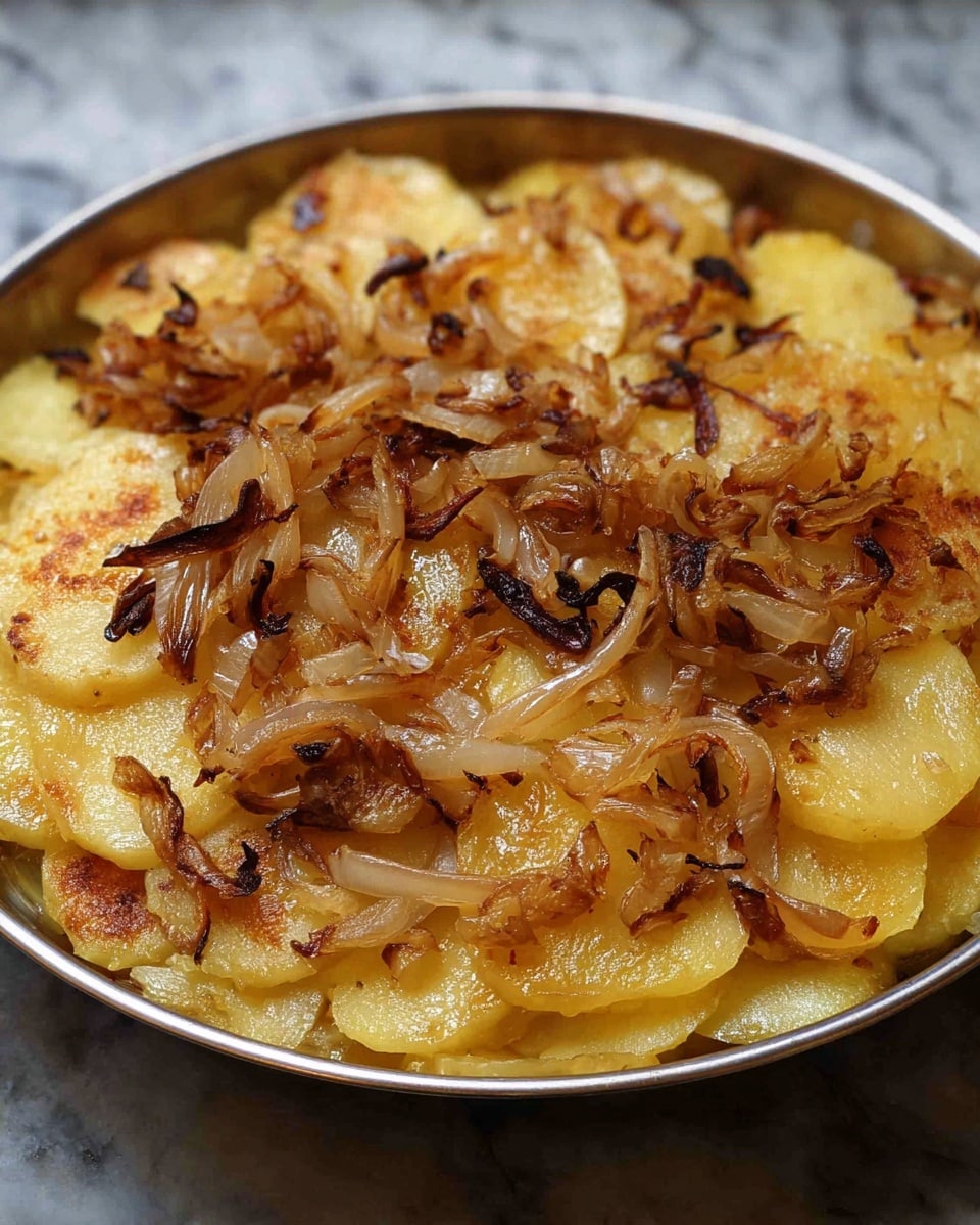 The dish shows one layer of thin, golden-yellow potato slices at the bottom with a soft texture. On top of the potatoes, there is one layer of cooked onions that are light brown with some darker browned edges, looking soft and slightly caramelized. The dish is inside a metal pan, and the background is a white marbled texture. photo taken with an iphone --ar 4:5 --v 7