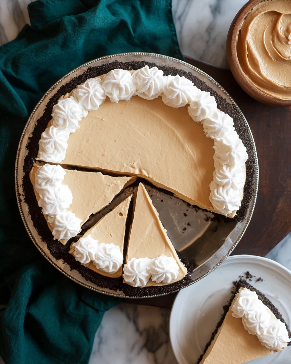 The image shows a three-layer pie in a silver tray placed on a dark wooden surface covered by a white marbled texture; the first bottom layer is a dark brown, crumbly crust, the second layer is a smooth light tan filling covering the crust, and the top layer has white whipped cream dollops evenly spaced along the edge. Two slices have been cut out, revealing the layers clearly, and a slice is placed on a white plate at the bottom right. A wooden bowl with a similar tan filling is seen at the top right, and a dark green cloth is placed underneath the silver tray. Photo taken with an iphone --ar 4:5 --v 7