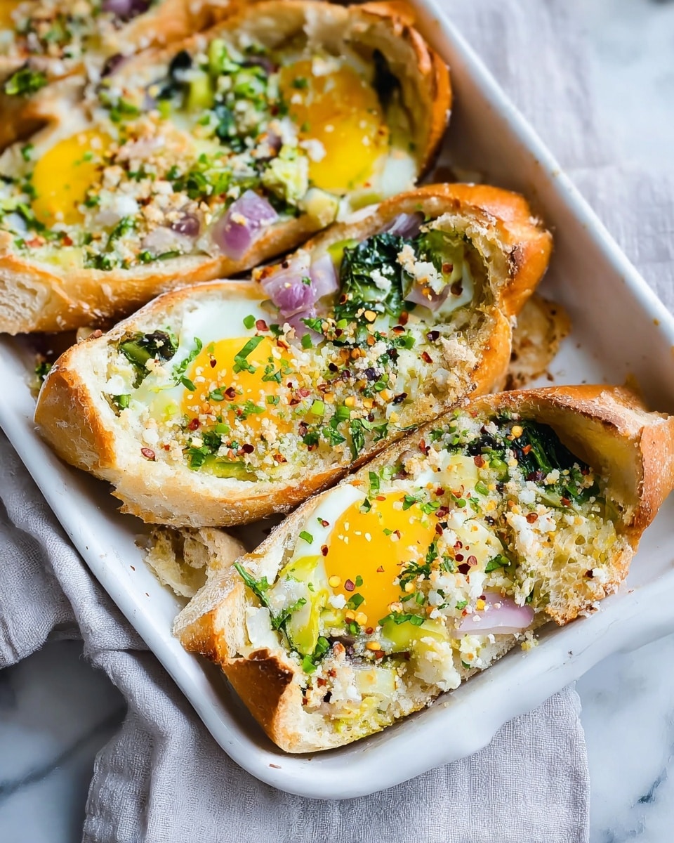 The image shows small white bread boats cut lengthwise and filled with layers. The bottom layer is toasted bread with a golden brown crust. On top, there is a layer of cooked white egg with bright yellow yolks, lightly sprinkled with crushed red pepper flakes and green herbs. Mixed into the eggs are cooked green leafy vegetables and pieces of light purple onions. The whole dish is in a white baking dish placed on a light-colored cloth over a white marbled surface. Photo taken with an iphone --ar 4:5 --v 7