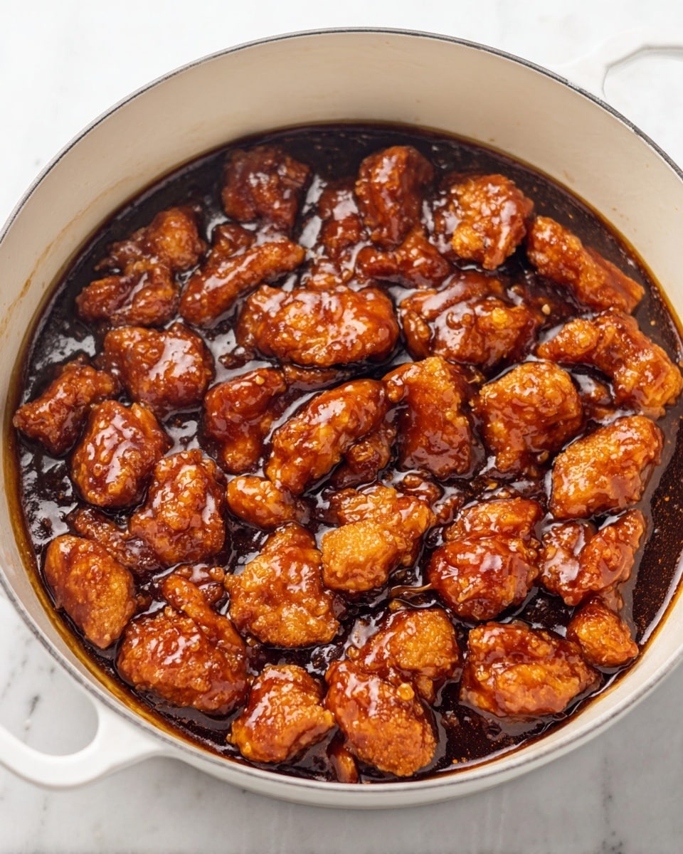 The image shows a white pot filled with many pieces of fried chicken coated in thick, shiny, dark reddish-brown sauce. Each piece is irregular in shape, with a crispy texture hidden beneath the glossy sauce that coats them evenly. The sauce pools around and between the chicken pieces, creating a rich, sticky layer that looks both smooth and thick. The pot is placed on a white marbled surface, highlighting the warm colors of the chicken and sauce. photo taken with an iphone --ar 4:5 --v 7