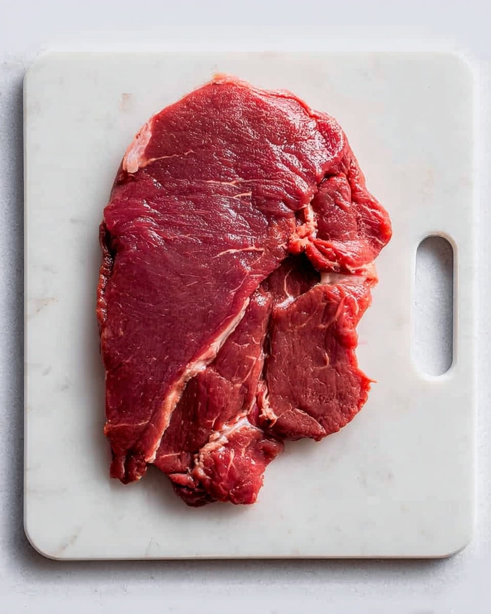 A single piece of raw red meat lies flat on a white marbled chopping board with rounded edges and a handle cut-out on the right side. The meat has a deep red color with some lighter areas of fat and connective tissue, showing a slightly shiny and moist texture. The piece is irregular in shape, with a thicker section on the top left and thinner parts spreading to the right and bottom. The marbled board surfaces reflect subtle shadows from the meat, giving a clean and fresh appearance. Photo taken with an iphone --ar 4:5 --v 7