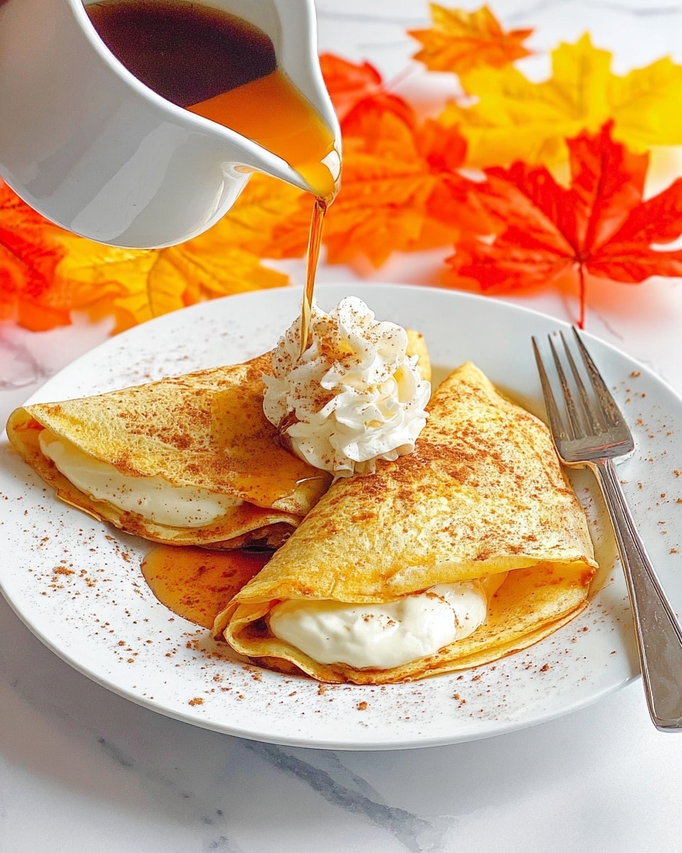 A white plate holds two folded golden-brown crepes, each filled with a thick, creamy white filling visible at the edges. The crepes are sprinkled lightly with powdered cinnamon or spice. In the center, a small swirl of whipped cream adds texture and height. A stream of amber syrup is being poured from a white jug onto the crepes, creating a glossy shine. A fork rests on the right side of the plate. The background features bright orange, yellow, and red autumn leaves, all set on a white marbled surface. Photo taken with an iphone --ar 4:5 --v 7
