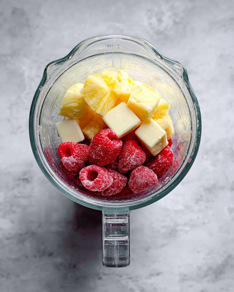 The image shows a clear glass blender jar with a handle at the bottom center, placed on a white marbled surface. Inside the jar, there are three distinct layers: the bottom layer has whole frozen red strawberries with a frosty texture, the middle layer includes small white chocolate bars or chunks, and the top layer consists of yellow frozen pineapple pieces with a slightly icy texture. The ingredients are arranged in a way that the colors contrast well inside the transparent jar, giving a clear view of each layer. photo taken with an iphone --ar 4:5 --v 7