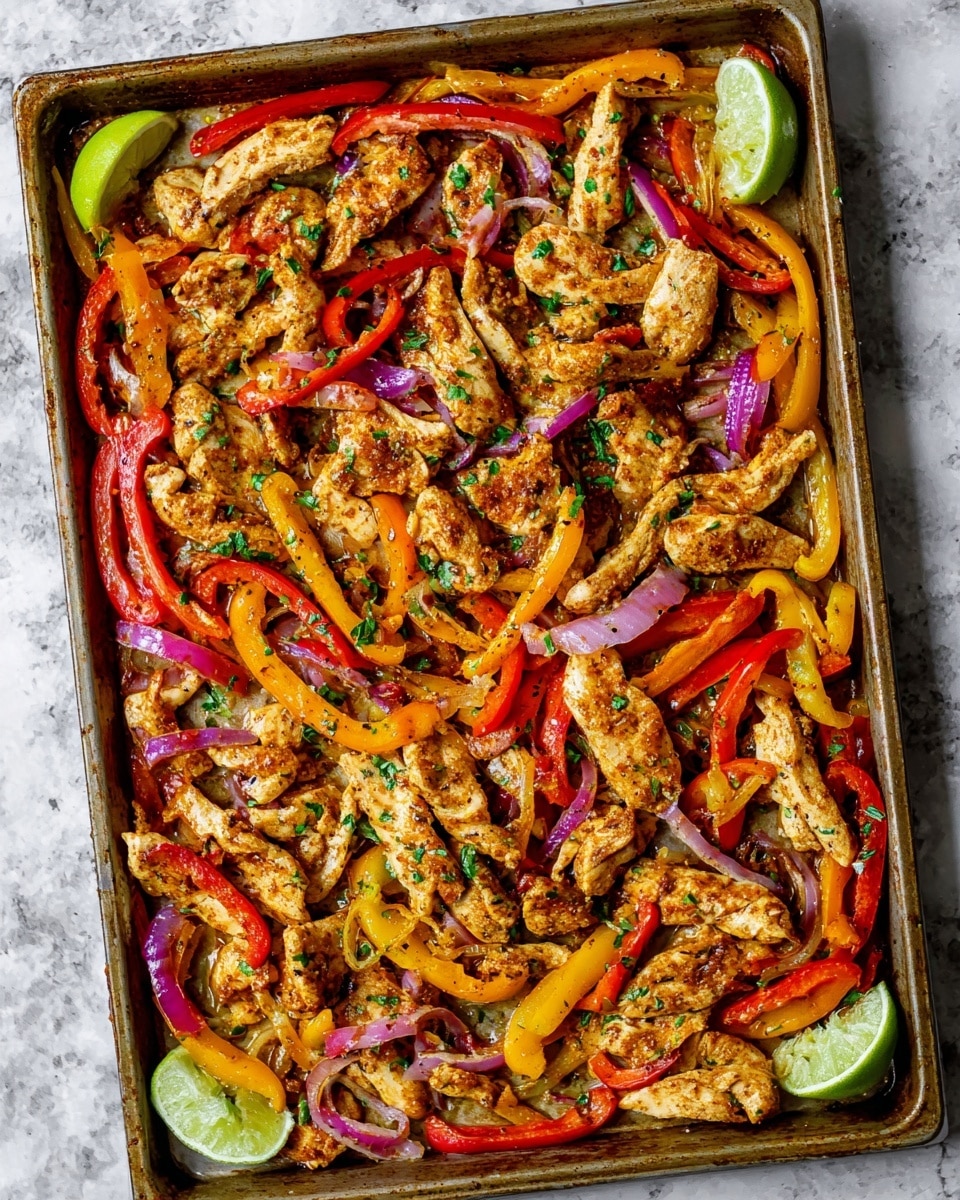 The image shows a baking tray filled with cooked chicken strips mixed with red, yellow, and orange bell pepper slices and thin purple onion slices. The chicken pieces are golden brown with a light coating of spices, and the vegetables are slightly soft but keep their bright colors. Small green herb flakes are sprinkled evenly over the top for garnish. The tray rests on a white marbled surface with two lime wedges placed near the top and bottom edges of the tray. Photo taken with an iphone --ar 4:5 --v 7