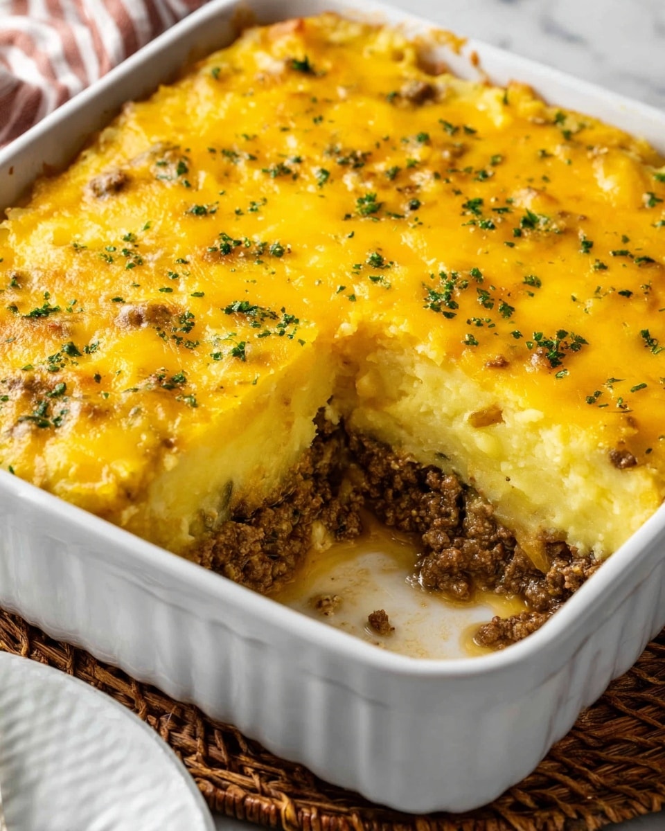 The image shows a white baking dish with a layered casserole. The bottom layer is a soft yellow potato mash with a smooth texture. Above that is a ground meat layer with brown and slightly crumbly texture mixed with small bits of green herbs or vegetables. The top layer is a thick, bright yellow melted cheese covering the whole surface, sprinkled with small green herb pieces. A section is removed, revealing the three clear layers inside. The dish sits on a white marbled surface with a woven placemat and part of a white plate visible in the foreground. photo taken with an iphone --ar 4:5 --v 7