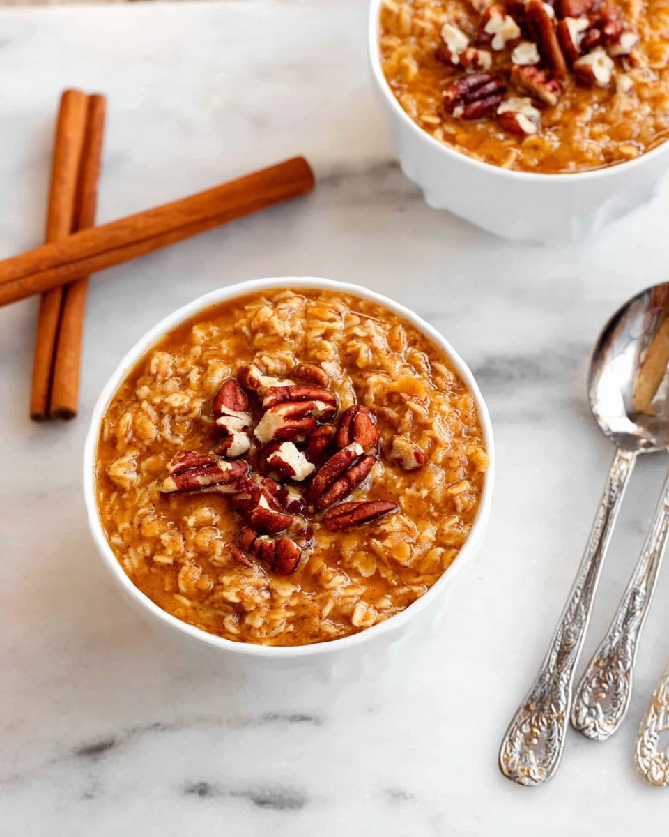 The image shows a white bowl filled with a thick oatmeal mixture that has an orange-brown color and visible oats, topped with small pieces of chopped pecans scattered on the surface. The bowl is placed on a white marbled surface with two cinnamon sticks crossed nearby. In the background, part of another bowl with the same oatmeal and pecan topping is visible, along with two ornate silver spoons lying side by side on the white marbled surface. photo taken with an iphone --ar 4:5 --v 7
