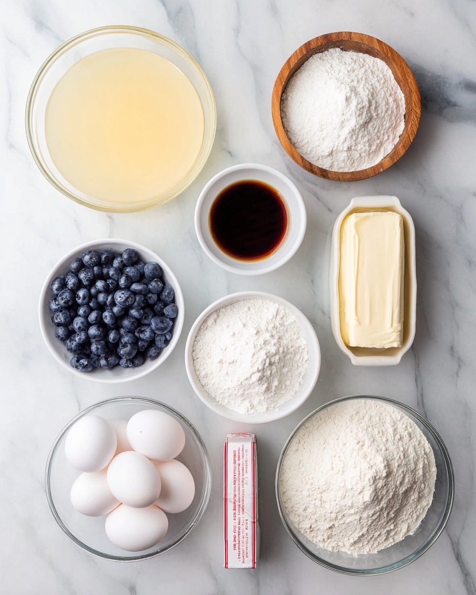 The image shows nine ingredients placed neatly on a white marbled surface, arranged mostly in a grid. At the top left is a transparent bowl filled with pale yellow liquid. Next to it on the right is a small wooden bowl holding white powder. To the right of that is a small white bowl with dark brown liquid. Below the bowl with yellow liquid is a white bowl piled high with white powder. Next to it on the right is a white bowl filled with creamy white substance and next to that, a stick of butter wrapped in red and white paper. Below these are a glass bowl with fresh blueberries on the left, a glass bowl of white granulated sugar in the middle, and a glass bowl full of white flour on the right. At the bottom left corner, there is a small white bowl holding four white eggs. All items are arranged clearly and evenly spaced, on the smooth white marbled background. Photo taken with an iphone --ar 4:5 --v 7