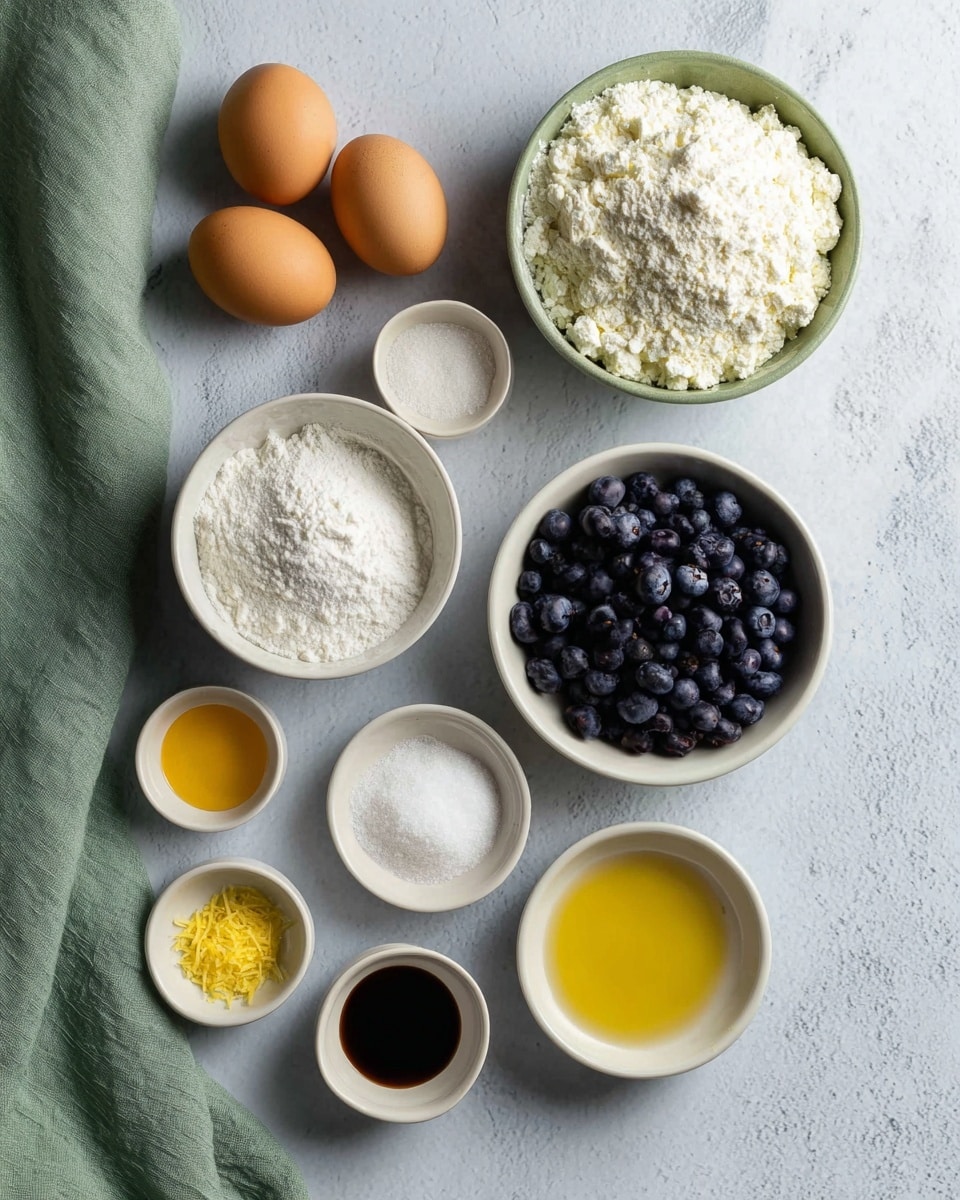 The image shows a flat lay of ingredients for baking on a white marbled surface. There are three brown eggs lying on a green cloth in the top left corner. Around the center, several small white bowls hold different ingredients: one with white flour at the top right, one with white cottage cheese just below the eggs, and a larger bowl full of dark blue blueberries to the right. In the bottom half, a medium white bowl holds white sugar, while smaller white bowls contain lemon zest, a brown liquid (likely vanilla extract), golden yellow oil, white salt, and a white powder (probably baking powder). All the bowls are simple and round. The overall setup is neat with soft natural light. Photo taken with an iphone --ar 4:5 --v 7