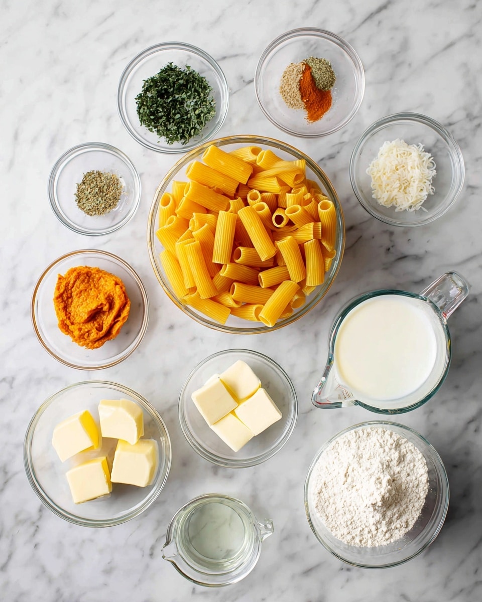 The image shows several clear glass bowls and one glass measuring cup arranged on a white marbled surface. In the center is a medium bowl full of dry rigatoni pasta, yellow and ridged. Surrounding it are smaller bowls containing different ingredients: top left has chopped green herbs, top center has a mix of salt and two spices, top right has minced garlic which is light yellow. Below to the left is a bright orange paste, below center left is grated cheese in a bowl, below center right is a bowl with two small squares of butter, and below right is a bowl with white flour. A small bowl of clear liquid, possibly oil or vinegar, is towards the bottom center. The measuring cup on the right side is filled with white cream or milk. photo taken with an iphone --ar 4:5 --v 7