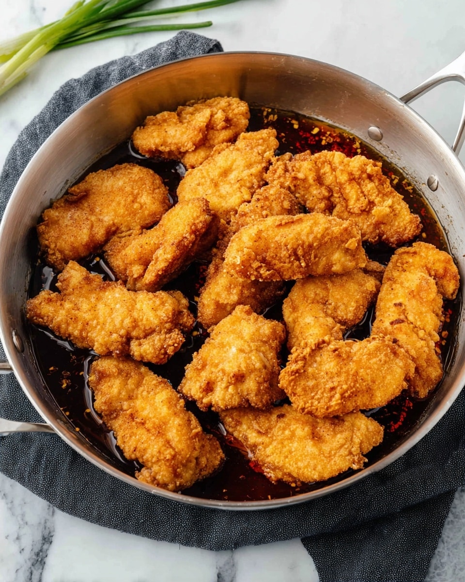 A metal pan holds about fifteen pieces of crispy fried chicken tenders with a golden brown crust, some pieces slightly darker with a crunchy texture. The chicken rests in a shallow layer of dark reddish oil at the bottom of the pan, which adds shine to the edges of the chicken. The pan sits on a dark grey cloth on a white marbled surface, with a single green onion partially visible at the top left corner. photo taken with an iphone --ar 4:5 --v 7