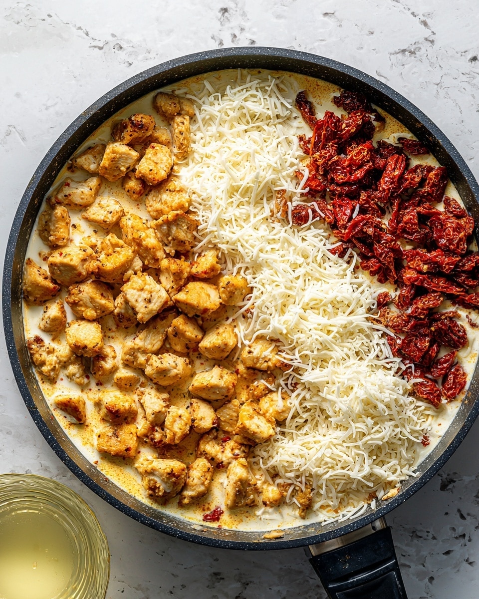A black pan on a white marbled surface holds a multi-layered dish. The bottom layer is cream sauce with an oily orange tint. On top, there are many small golden-brown cooked chicken pieces evenly spread around the pan. On one side of the pan, there is a large heap of shredded white cheese, looking soft and fluffy, and next to it, a pile of sun-dried tomatoes with a deep red color and wrinkled texture. A glass container with a pale yellow liquid is visible near the pan. Photo taken with an iphone --ar 4:5 --v 7