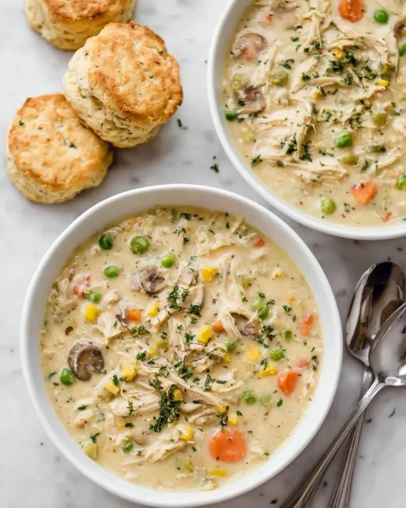 Creamy Chicken Pot Pie Soup with Vegetables and Herbs Recipe