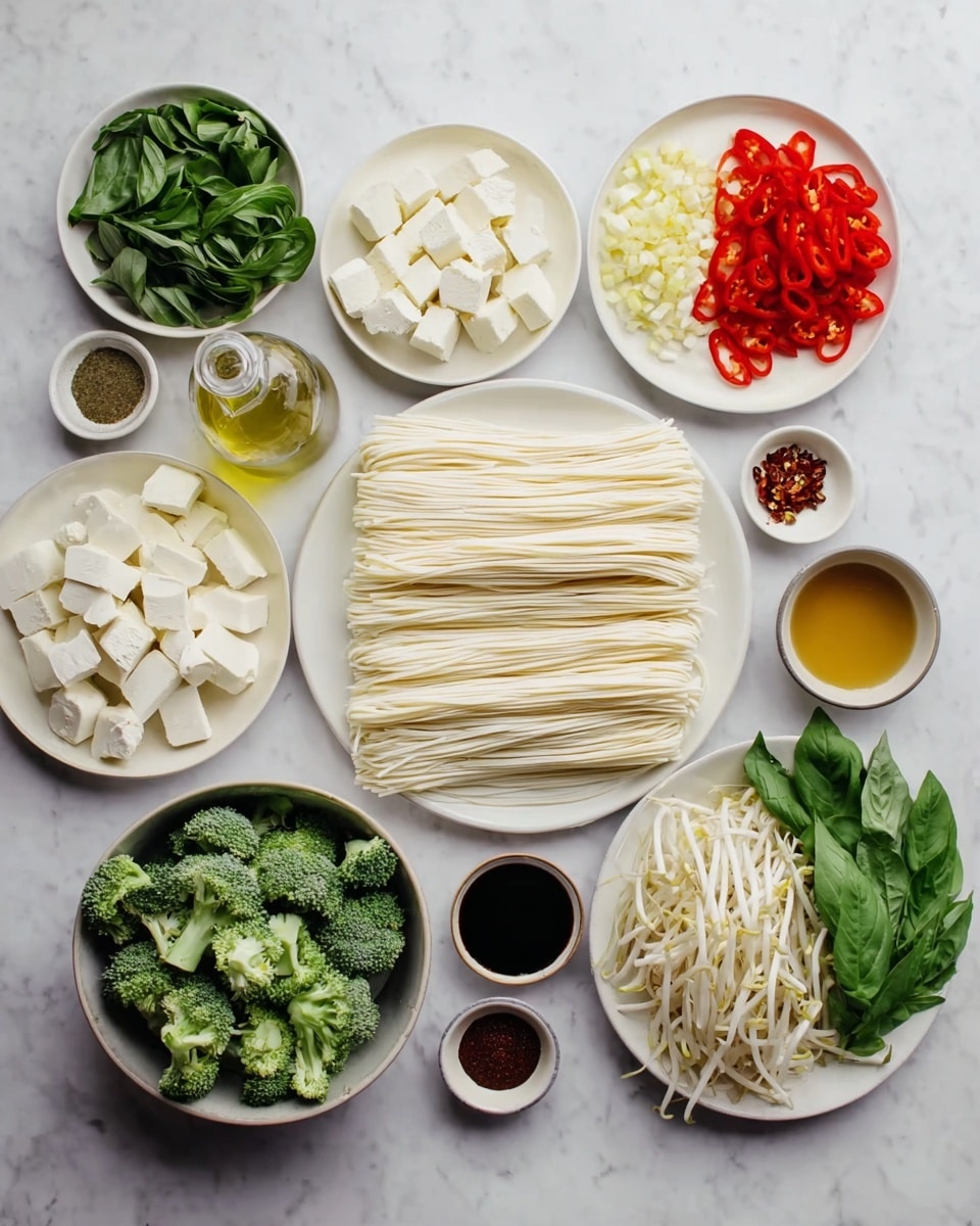 A white plate in the center is full of long, thin, pale noodles with ridged edges, arranged neatly in a horizontal pile. Surrounding it are small white bowls and plates with various fresh ingredients: bright green broccoli florets in a bowl on the bottom left; next to it, a small bottle of clear oil. Above the noodles, there are four white plates—the first with bright green leafy herbs, the second with chopped red bell peppers, the third with white tofu cubes, and the fourth divided into four sections with red chili slices, light yellow slices, finely grated light yellow ginger, and finely chopped green herbs. To the right of the noodles, a bowl full of white bean sprouts, a plate with fresh green basil leaves and a small bowl of sauce, a small bowl with finely chopped shallots, and a white plate holding several small bowls containing dark brown powder, dark sauces, and light yellow liquids are neatly arranged. All items are set on a white marbled surface, photo taken with an iphone --ar 4:5 --v 7