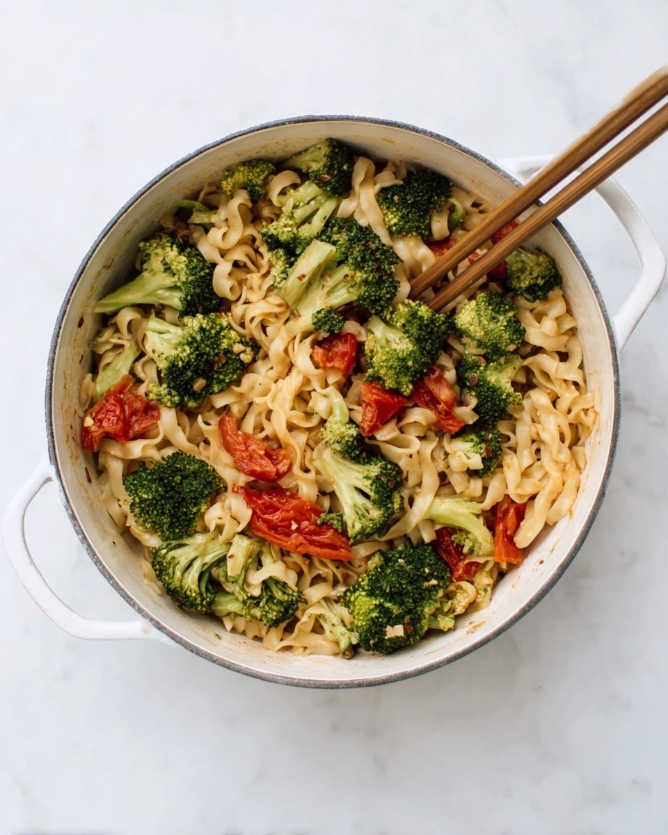 A round white pot filled with cooked noodles that are light brown and slightly wavy as the base layer, mixed with bright green broccoli florets and chunks of red tomatoes scattered evenly on top. The noodles have a soft texture with some slight browning on the edges, while the broccoli appears steamed and fresh. The vegetables are dispersed in a way that creates a balanced mix of colors throughout the pot. Two light brown wooden chopsticks rest on the right side of the pot, angled diagonally across the noodles and vegetables. The pot is placed on a white marbled surface. photo taken with an iphone --ar 4:5 --v 7