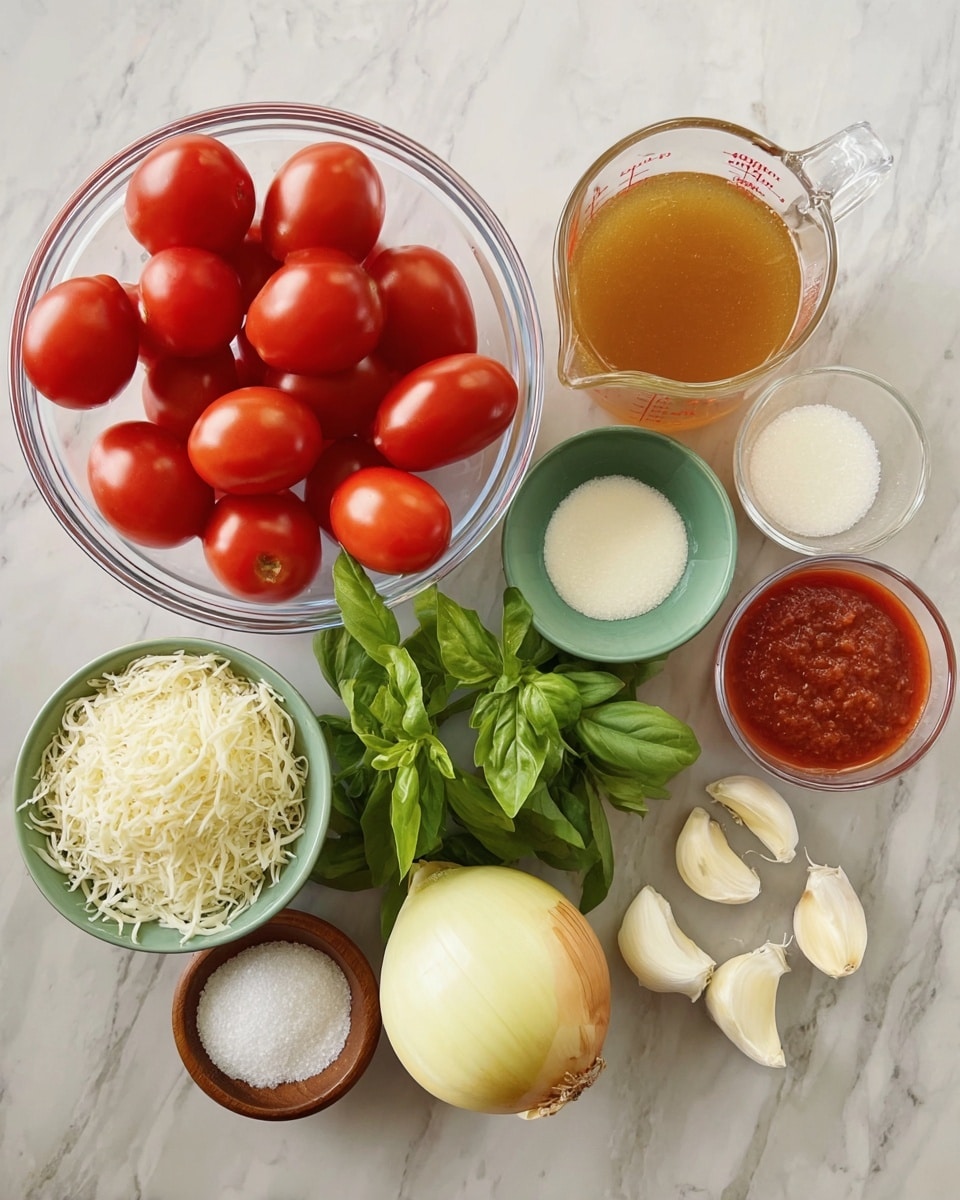 A clear glass bowl filled with red Roma and cherry tomatoes sits on a white marbled surface. To the right, a glass measuring cup holds golden brown broth, next to a smaller glass measuring cup with a white creamy liquid. A small green bowl is filled with shredded white cheese, placed beside bright green fresh basil leaves. Below these, a large yellow onion rests with several peeled garlic cloves nearby. A small wooden bowl contains white salt, and a small glass bowl holds deep red tomato paste. Near them is a tiny red bowl with granulated white sugar. All items are arranged neatly on the white marbled surface, creating a colorful and fresh presentation. photo taken with an iphone --ar 4:5 --v 7