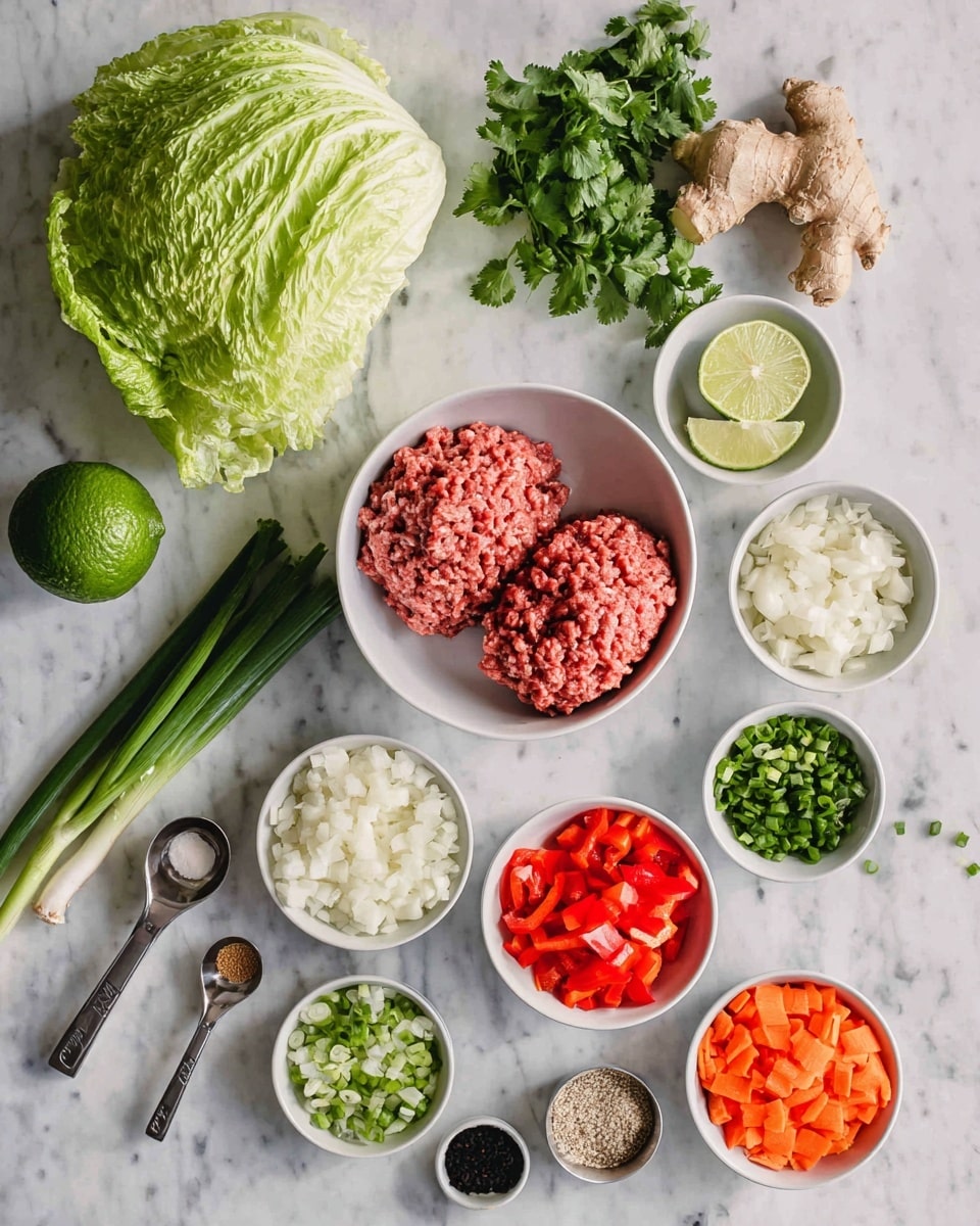 The image shows various fresh ingredients arranged on a white marbled surface. At the center, there is a white bowl with two portions of ground meat, one darker red and one lighter pink. Around it, several smaller white bowls hold chopped red bell peppers, diced white onions, shredded carrots, chopped green onions, and chopped cauliflower. A few measuring spoons with liquid and dry seasonings, peeled garlic cloves, fresh ginger root, a bunch of fresh cilantro, a halved lime, and green onions lay nearby. A head of leafy green lettuce is placed to the left side, completing the vibrant and fresh arrangement. photo taken with an iphone --ar 4:5 --v 7