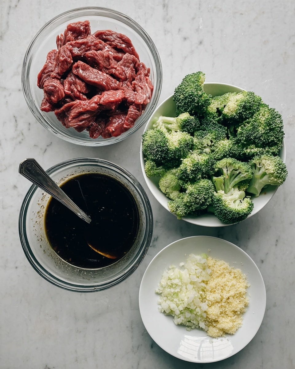 The image shows four bowls placed on a white marbled surface. At the top left, there is a clear glass bowl filled with raw red meat strips with a slightly shiny texture. At the top right, a white bowl holds fresh green broccoli florets that look crisp and vibrant. Below the broccoli, there is a clear glass bowl containing a dark liquid sauce with a spoon inside, its surface smooth and reflective. At the bottom right, a white plate contains two piles of finely chopped ingredients: one white and one pale yellow, both with a slightly coarse texture. Photo taken with an iphone --ar 4:5 --v 7