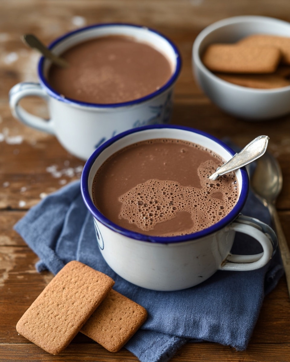 Two white cups with blue rims and handles are filled to the top with smooth, thick chocolate drink showing small bubbles on the surface. Each cup has a silver spoon resting inside. The front cup is placed on a folded blue cloth on a wooden surface, with two brown rectangular cookies placed in front of it. In the background, a small white bowl holds more of the same cookies. The scene is warm and cozy with the white marbled texture replaced on the background. photo taken with an iphone --ar 4:5 --v 7