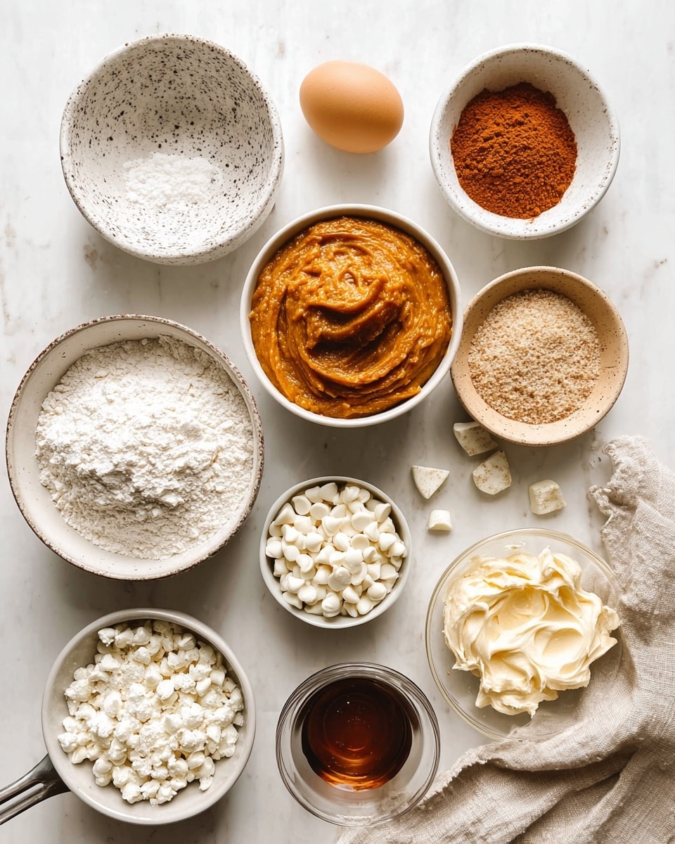 A top view shows nine small white bowls and one measuring cup arranged on a white marbled surface, each filled with different baking ingredients. Starting from the top left, there is one speckled bowl with a light brown egg. Next to it, a white bowl holds a reddish-brown powder, followed by a smaller tan bowl with white powders inside. Below these, a metal measuring cup contains thick, smooth pumpkin puree, and to its right, a shallow white bowl has many small white chocolate chips. Below these items is a white bowl filled with light brown sugar that has a rough texture. To the right, a small white bowl holds a dark amber liquid, likely vanilla extract, and the bottom left features a larger clear bowl with white flour that looks finely ground. The last white bowl on the bottom right has golden melted butter with white swirls creating a marbled effect. A beige linen cloth is casually draped next to the measuring cup. A few white chocolate chips are scattered lightly on the surface. Photo taken with an iphone --ar 4:5 --v 7