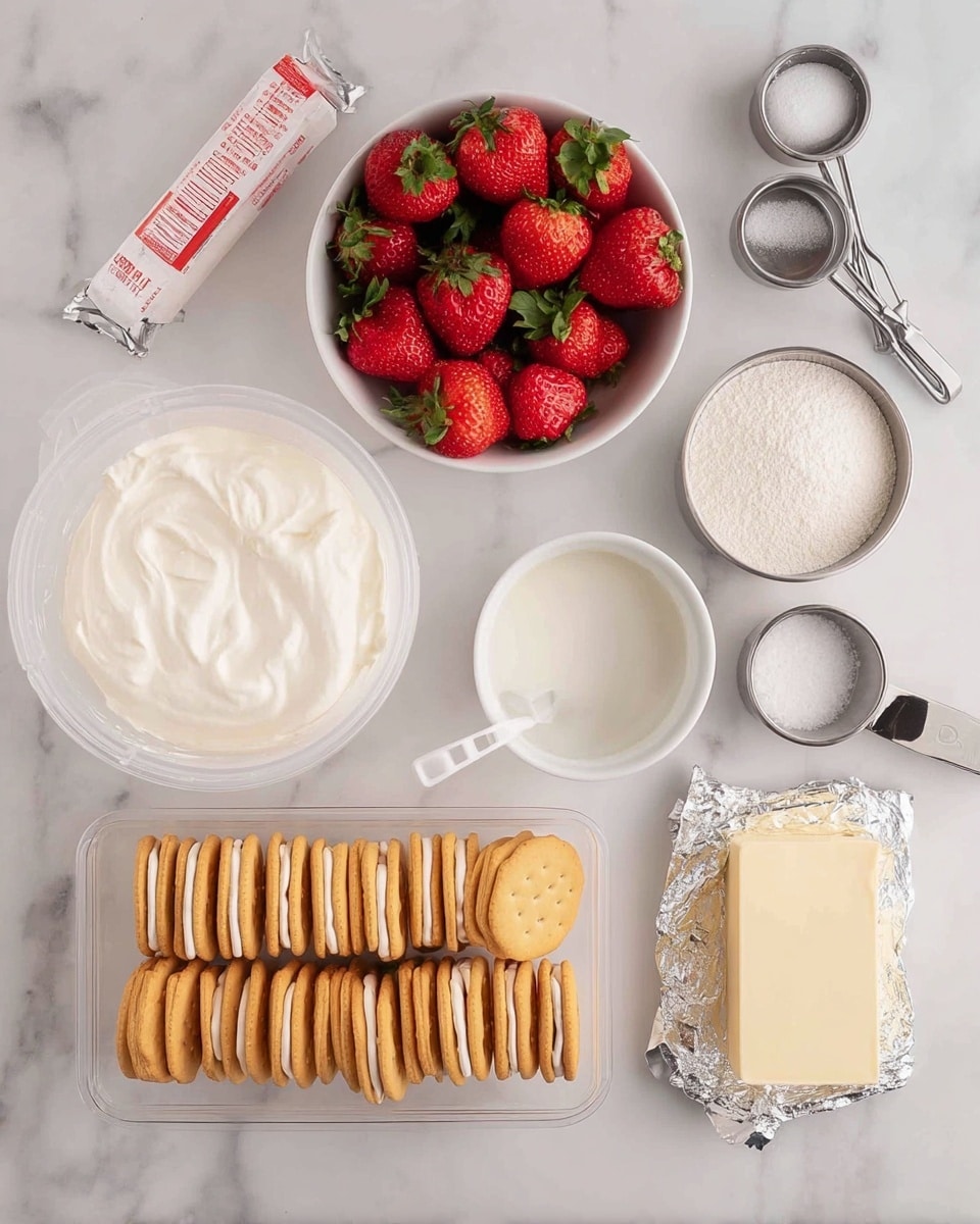 The image shows various ingredients laid out on a white marbled surface, ready for a dessert. There is a plastic tray of three rows of golden sandwich cookies with a creamy filling on the bottom right. Above that is a white open container with thick white cream or frosting inside. Next to the cream is a white bowl filled with fresh, bright red strawberries with green leaves. To the right of the strawberries is a small white bowl with a spoon inside, containing a smooth white liquid. On the top right, there are two metal measuring cups filled with a white powdered ingredient, and a metal measuring spoon. On the left side of the image, there is a stick of butter wrapped in paper with red text, and a clear glass measuring cup filled with water. Near the bottom right corner, a partially unwrapped block of cream cheese is sitting on foil. photo taken with an iphone --ar 4:5 --v 7