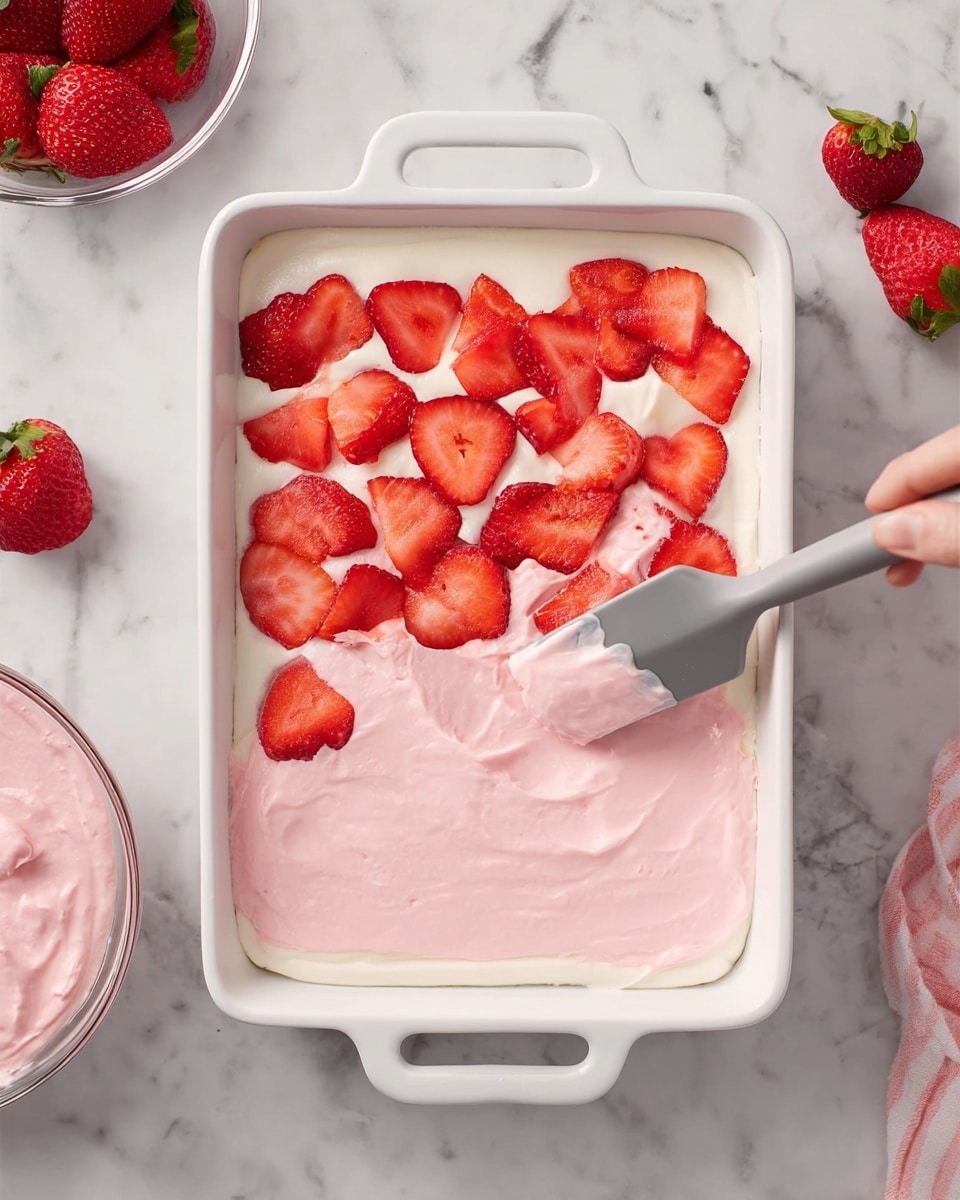 A white rectangular baking dish with two handles shows a dessert being made in three clear layers: the bottom layer is smooth white cream, topped with several bright red sliced strawberries spread evenly, and the top layer is a light pink creamy mixture being spread with a gray spatula held by a woman's hand. The scene is set on a white marbled surface with some whole strawberries and a bowl of pink cream nearby. Photo taken with an iphone --ar 4:5 --v 7