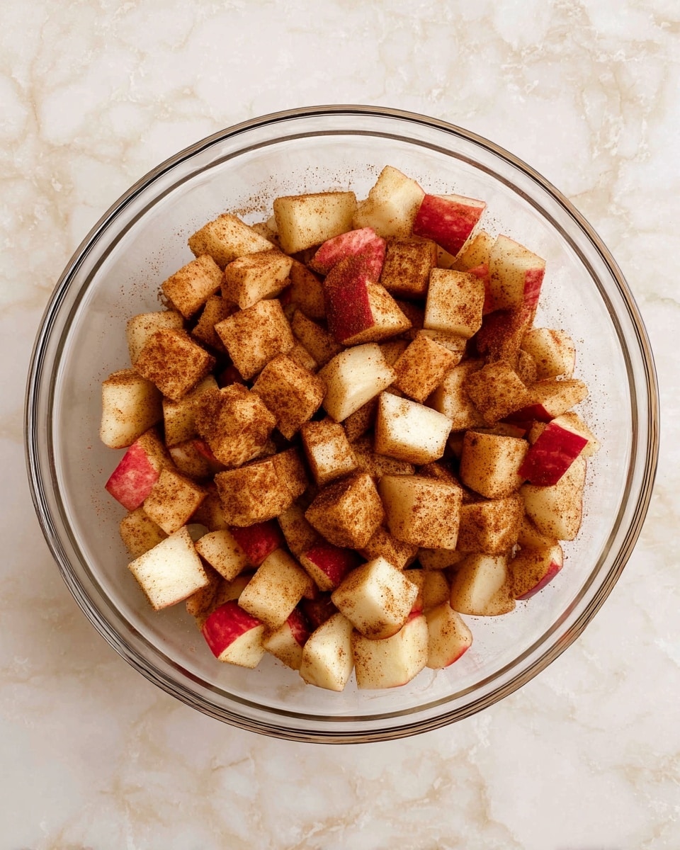 A clear glass bowl is filled with small cubes of apple that still have red skin on some pieces, and they are coated with a layer of cinnamon spice giving them a warm brown dusting. The cubes are roughly all the same size and mixed evenly, showing a mixture of light cream apple flesh and deep red skin underneath the cinnamon. The bowl sits on a white marbled surface, and the texture of the apple pieces looks firm but soft. photo taken with an iphone --ar 4:5 --v 7