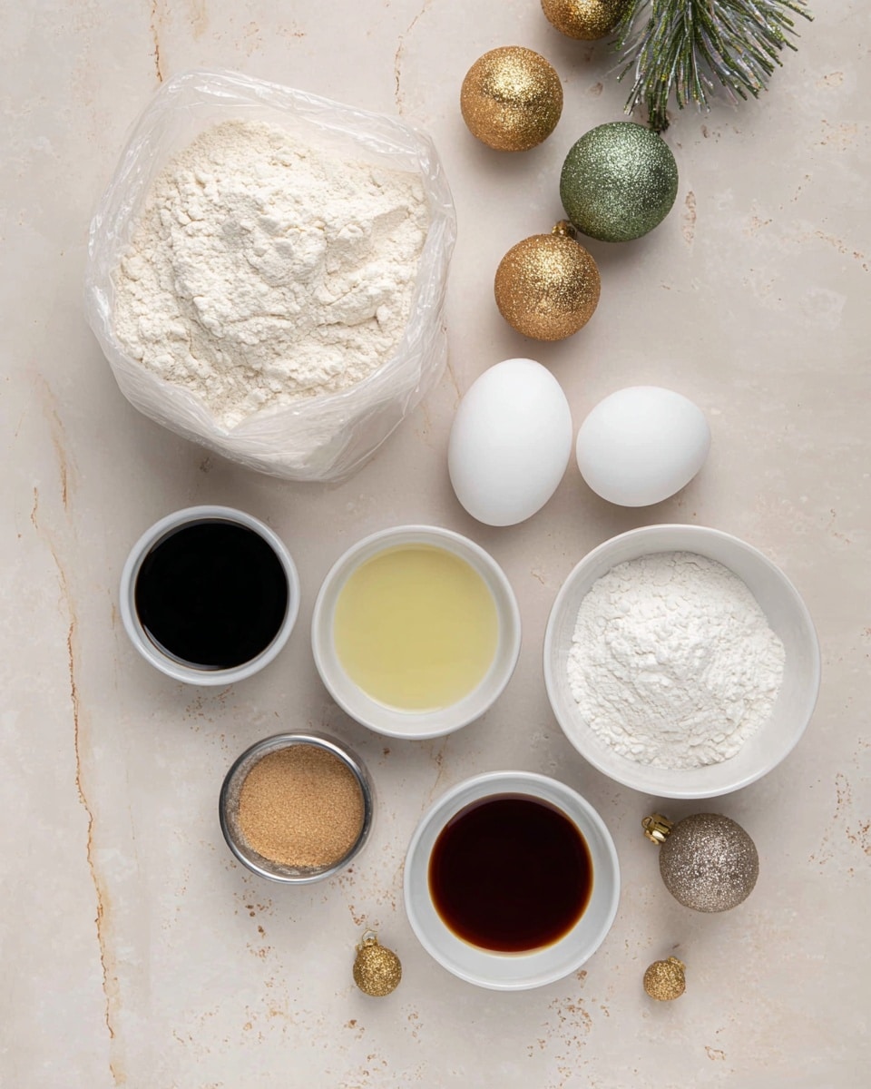 The image shows several ingredients neatly placed on a white marbled surface. At the top left, there is a clear plastic bag filled with white flour. To the right of it, two white eggs sit side by side. Below the eggs, there are three small white bowls with different contents: the left bowl holds a dark liquid, the middle bowl contains a clear pale yellow liquid, and the right bowl has a dark brown liquid. To the right of these, there is a larger white bowl filled with white powder. In front of the bowls and eggs, there is a small silver container with light brown powder. Some small shiny ornaments in gold, silver, and bronze colors are scattered around the corners of the image. Photo taken with an iphone --ar 4:5 --v 7
