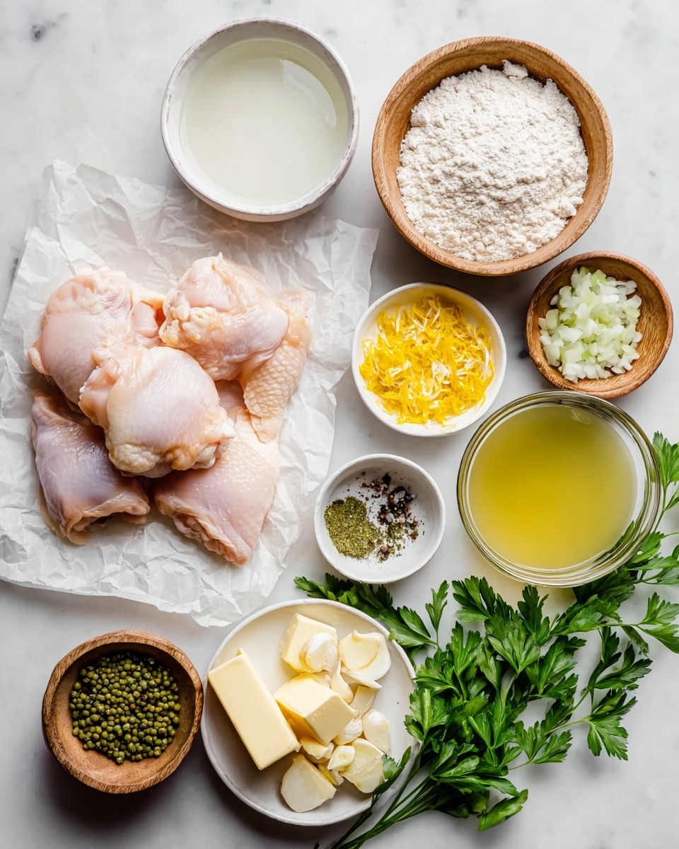 The image shows several raw chicken pieces with a light pink color placed on white parchment paper on a white marbled surface. Nearby, there is a small white bowl with a clear liquid, a wooden bowl filled with white flour, and small wooden bowls containing yellow lemon zest, chopped garlic, and round green capers. A stick of butter, partially sliced into small square pieces, lies on its wrapper next to a clear glass bowl of light yellow broth. Chopped shallots sit in a white bowl beside fresh green parsley sprigs arranged on the surface. A tiny bowl with salt and pepper completes the arrangement, all neatly spread on the white marbled background. photo taken with an iphone --ar 4:5 --v 7