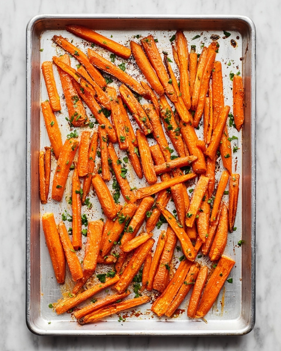 A silver baking tray filled with one layer of roasted carrot sticks, each stick bright orange with a slightly caramelized, shiny texture and some edges darker from roasting. The carrots are scattered lightly with small pieces of chopped green herbs, giving contrast against the orange. The tray shows some small burnt marks and bits of seasoning. The tray sits on a white marbled surface. photo taken with an iphone --ar 4:5 --v 7